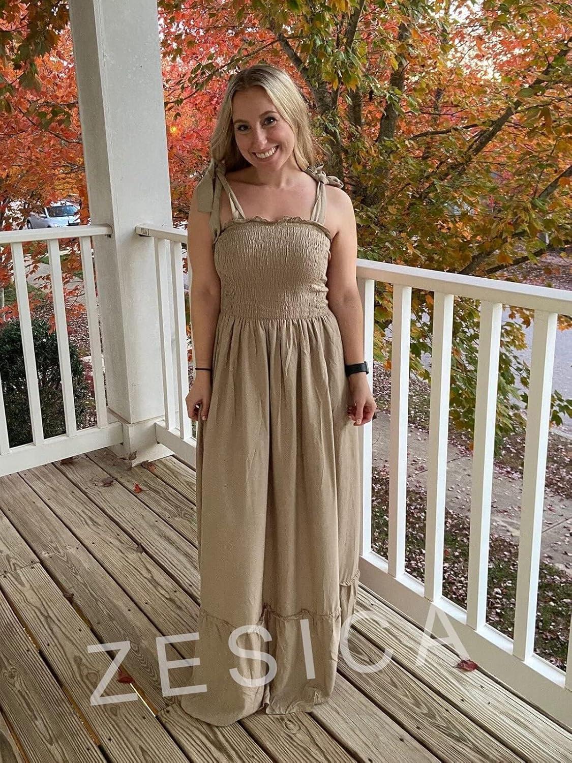 imageZESICA Womens 2026 Summer Boho Spaghetti Strap Square Neck Solid Color Ruffle A Line Beach Long Maxi DressKhaki