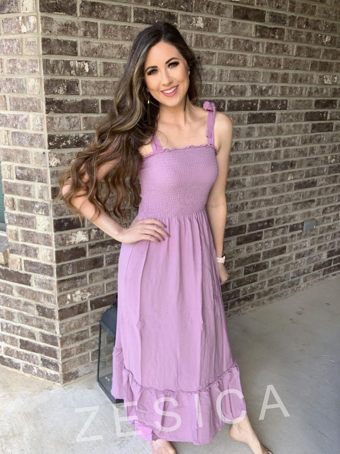 imageZESICA Womens 2026 Summer Boho Spaghetti Strap Square Neck Solid Color Ruffle A Line Beach Long Maxi DressLavender