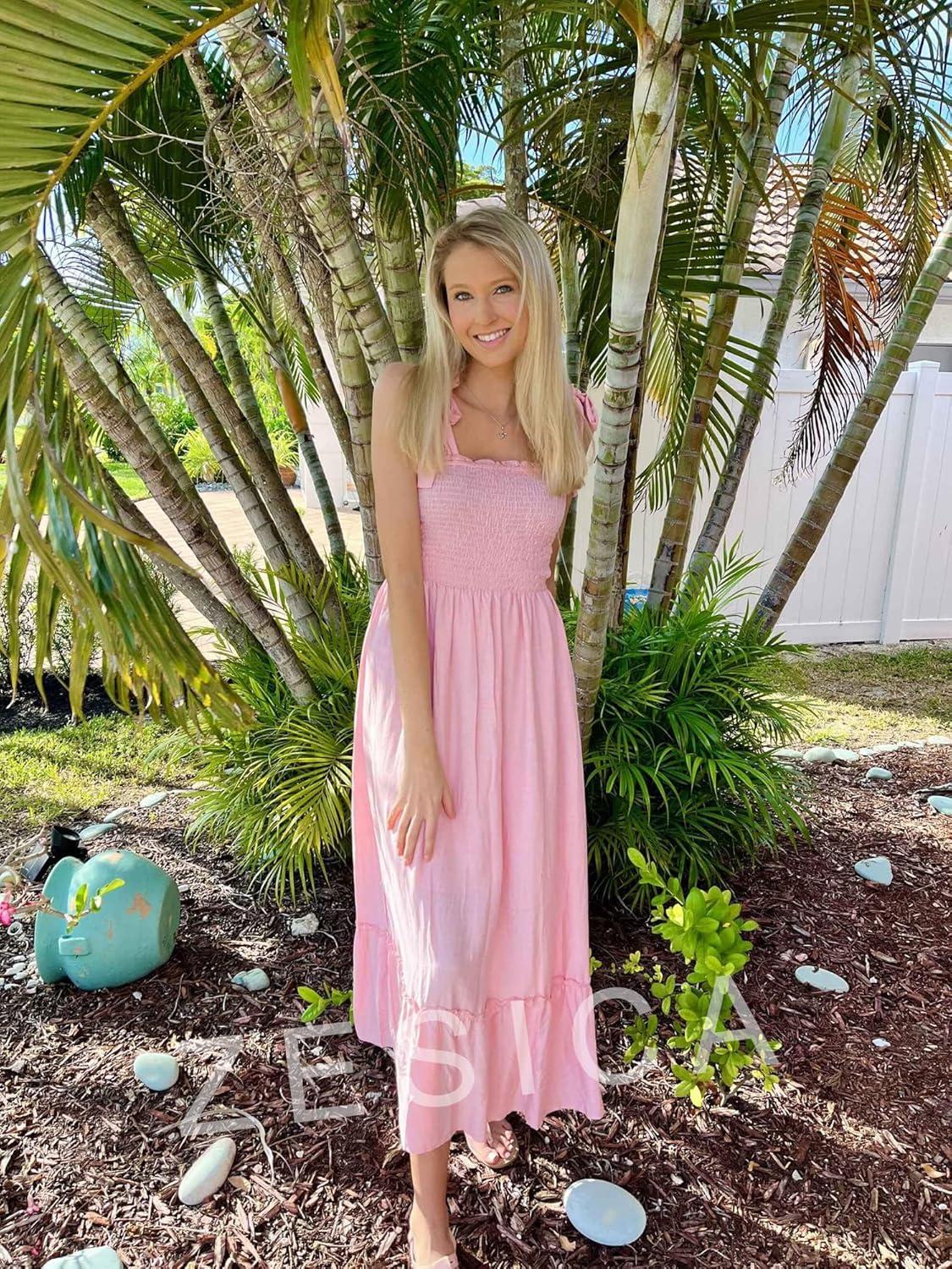 imageZESICA Womens 2026 Summer Boho Spaghetti Strap Square Neck Solid Color Ruffle A Line Beach Long Maxi DressPink