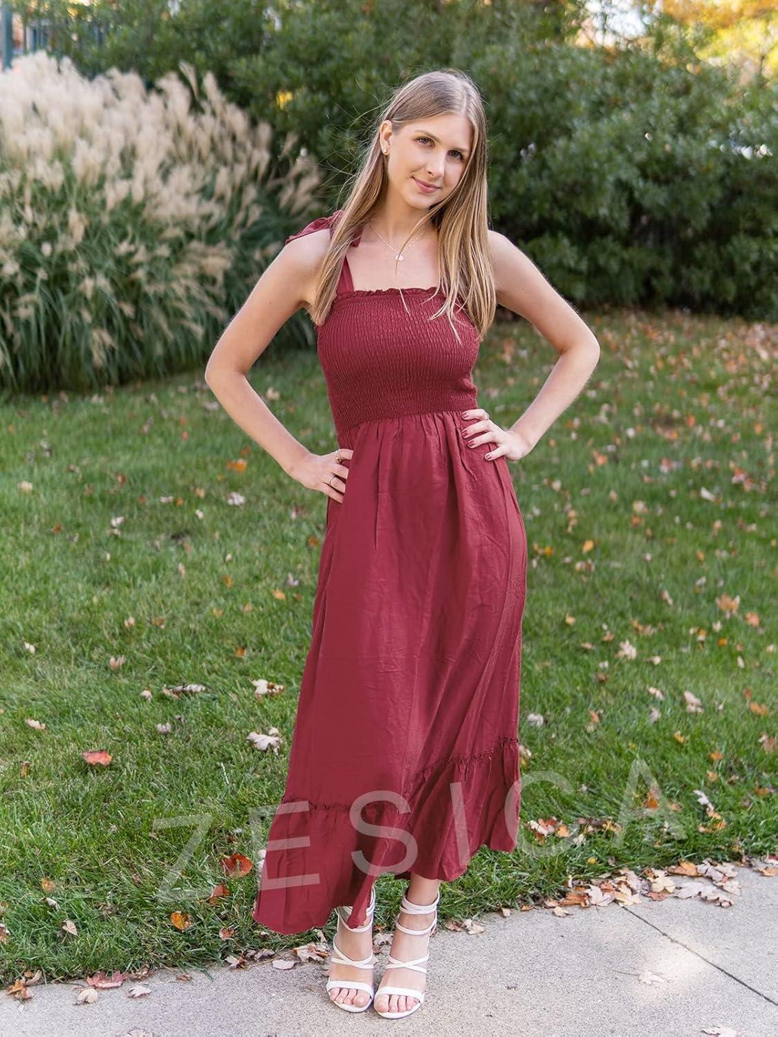 imageZESICA Womens 2026 Summer Boho Spaghetti Strap Square Neck Solid Color Ruffle A Line Beach Long Maxi DressRed