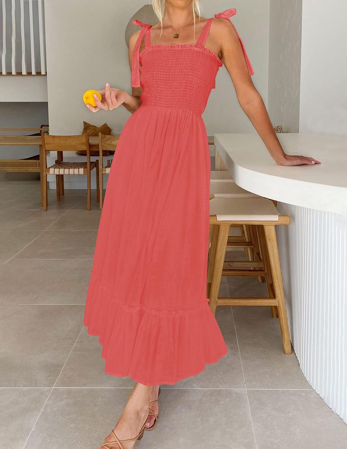 imageZESICA Womens 2026 Summer Boho Spaghetti Strap Square Neck Solid Color Ruffle A Line Beach Long Maxi DressWatermelon