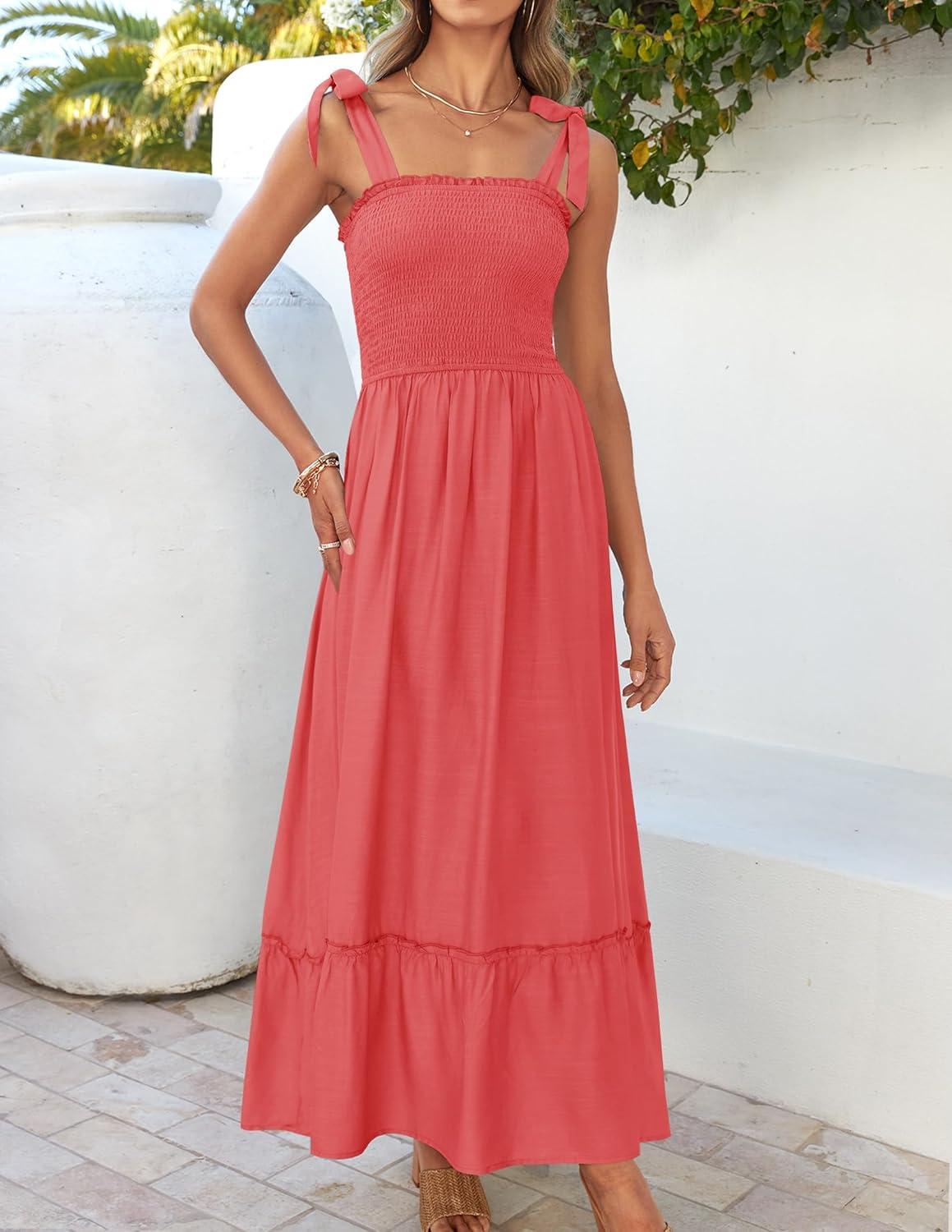 imageZESICA Womens 2026 Summer Boho Spaghetti Strap Square Neck Solid Color Ruffle A Line Beach Long Maxi DressWatermelon
