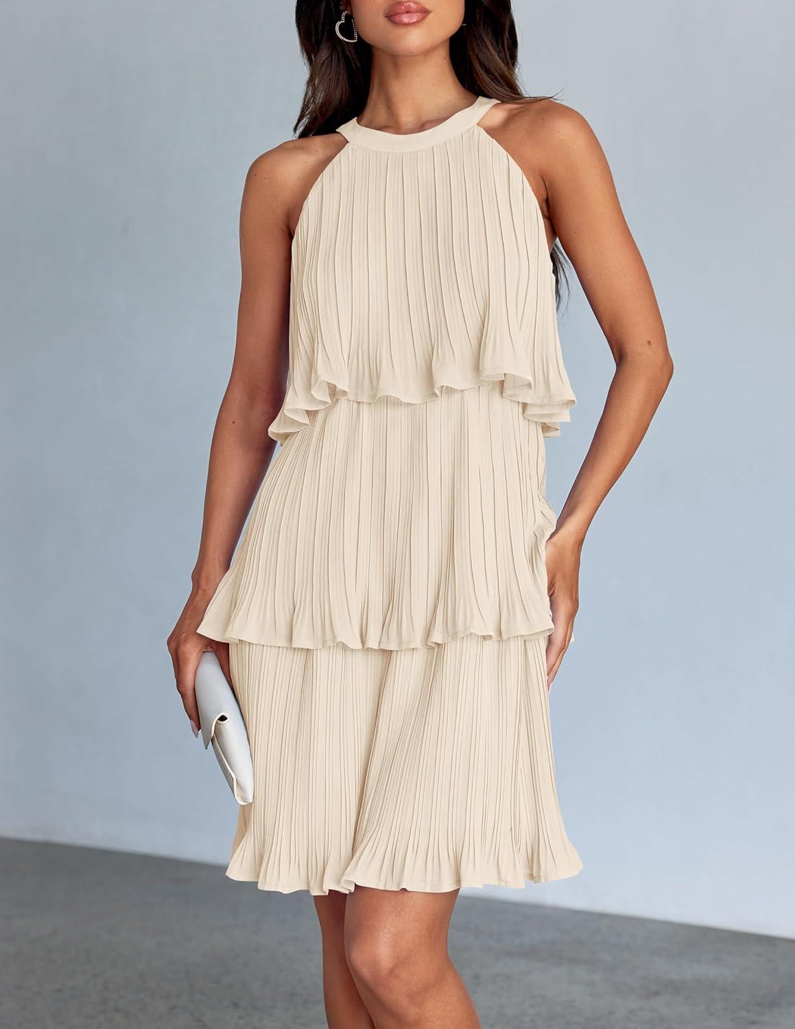 imageZESICA Womens 2026 Summer Halter Dresses Sleeveless Ruffle Tiered Layered Chiffon Pleated A Line Swing Mini DressApricot