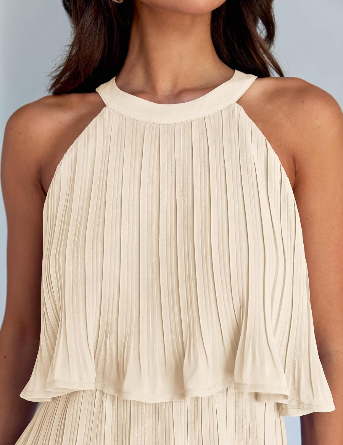 imageZESICA Womens 2026 Summer Halter Dresses Sleeveless Ruffle Tiered Layered Chiffon Pleated A Line Swing Mini DressApricot
