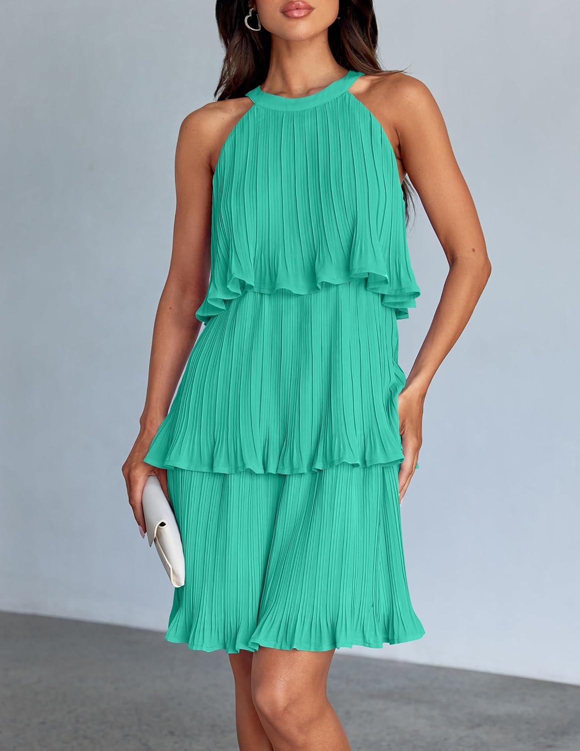 imageZESICA Womens 2026 Summer Halter Dresses Sleeveless Ruffle Tiered Layered Chiffon Pleated A Line Swing Mini DressAqua