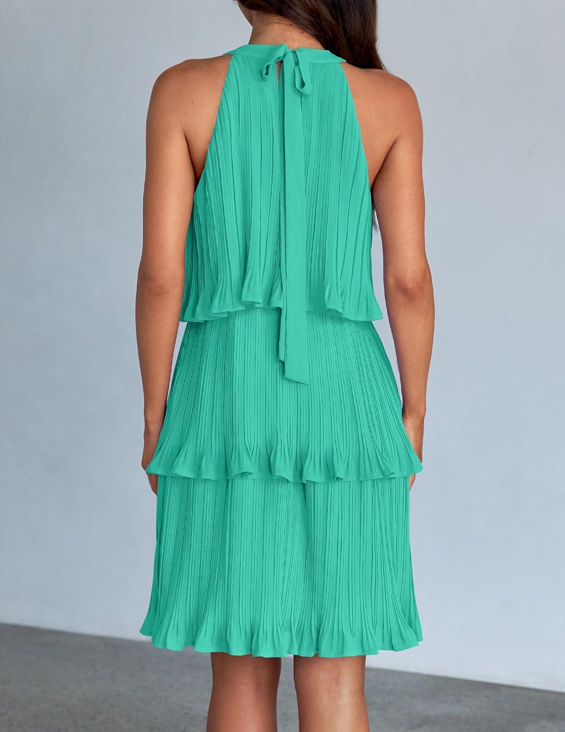 imageZESICA Womens 2026 Summer Halter Dresses Sleeveless Ruffle Tiered Layered Chiffon Pleated A Line Swing Mini DressAqua