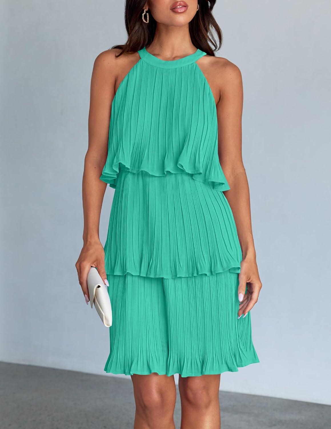 imageZESICA Womens 2026 Summer Halter Dresses Sleeveless Ruffle Tiered Layered Chiffon Pleated A Line Swing Mini DressAqua
