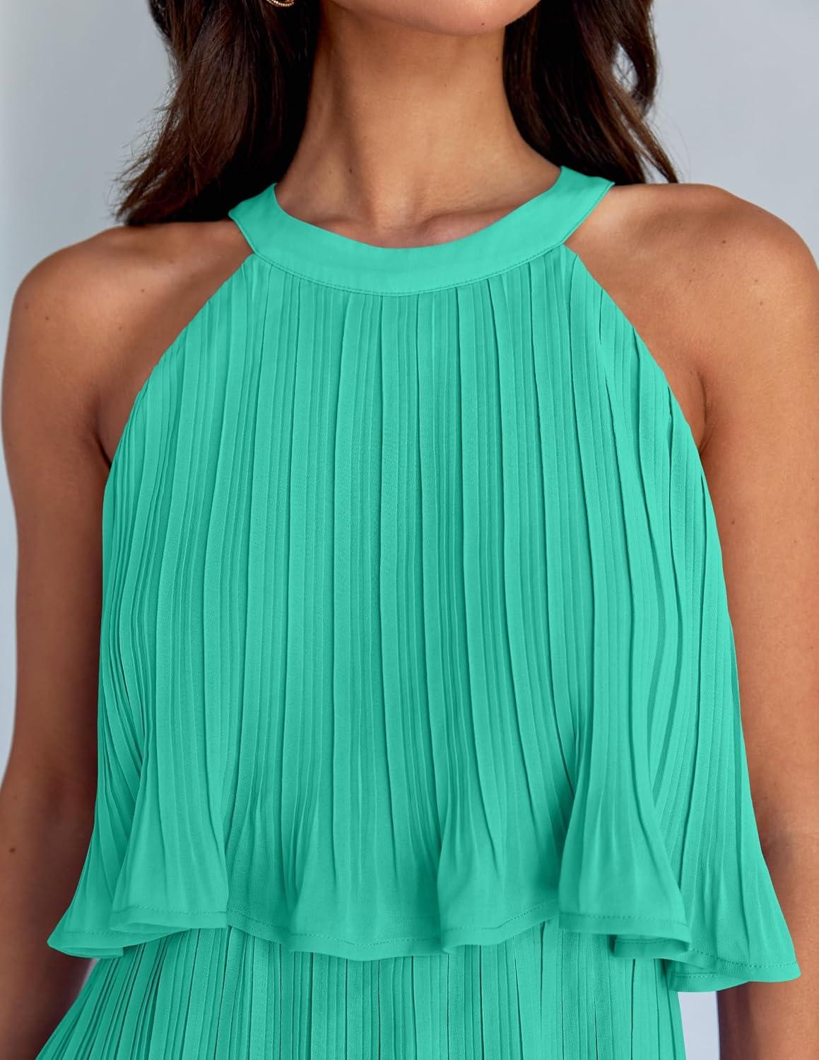 imageZESICA Womens 2026 Summer Halter Dresses Sleeveless Ruffle Tiered Layered Chiffon Pleated A Line Swing Mini DressAqua
