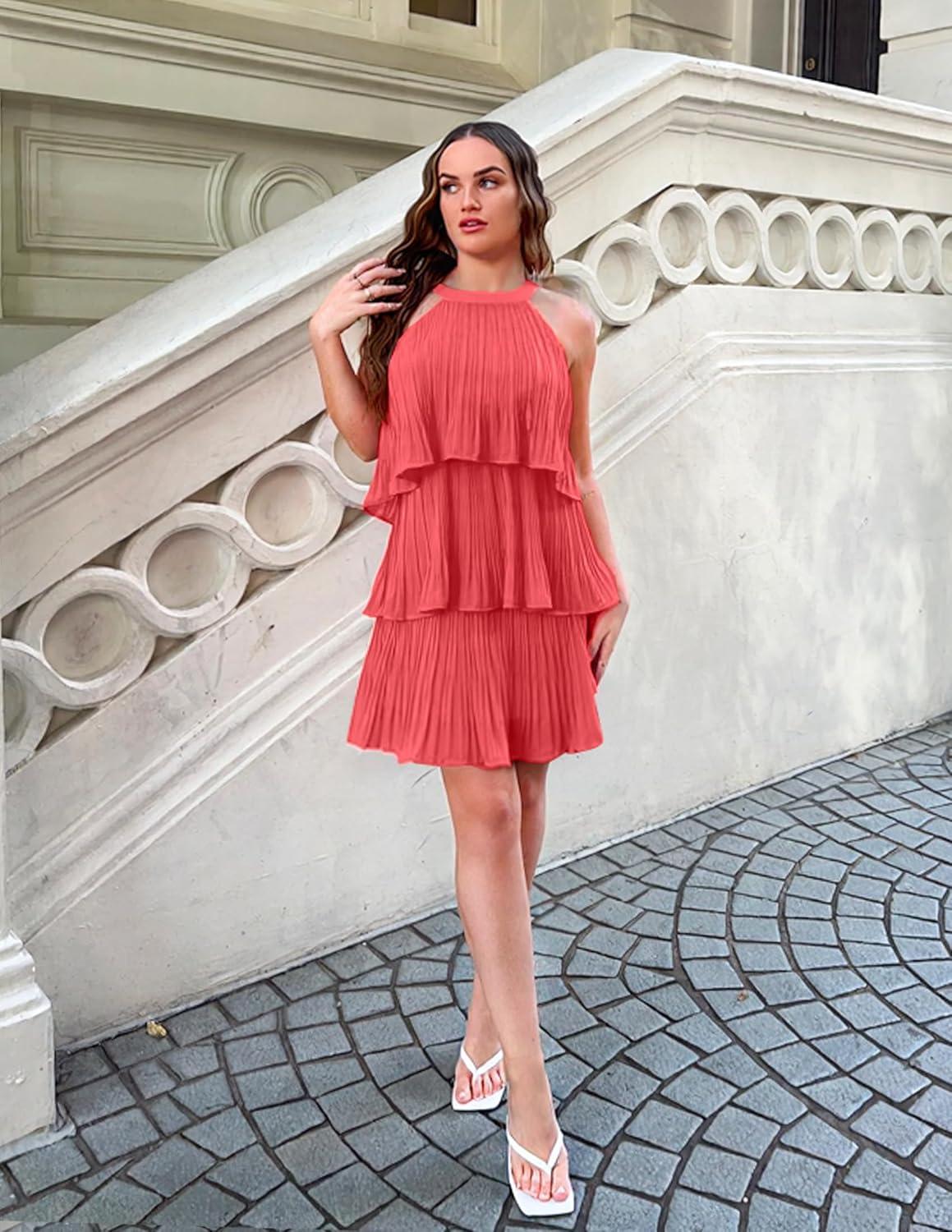 imageZESICA Womens 2026 Summer Halter Dresses Sleeveless Ruffle Tiered Layered Chiffon Pleated A Line Swing Mini DressCoral