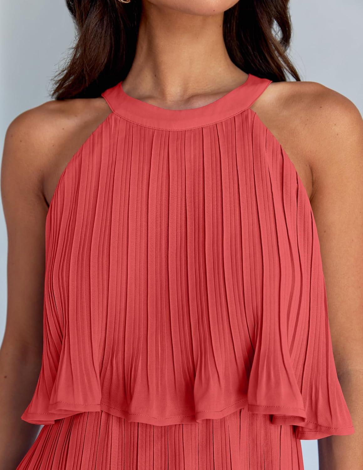 imageZESICA Womens 2026 Summer Halter Dresses Sleeveless Ruffle Tiered Layered Chiffon Pleated A Line Swing Mini DressCoral