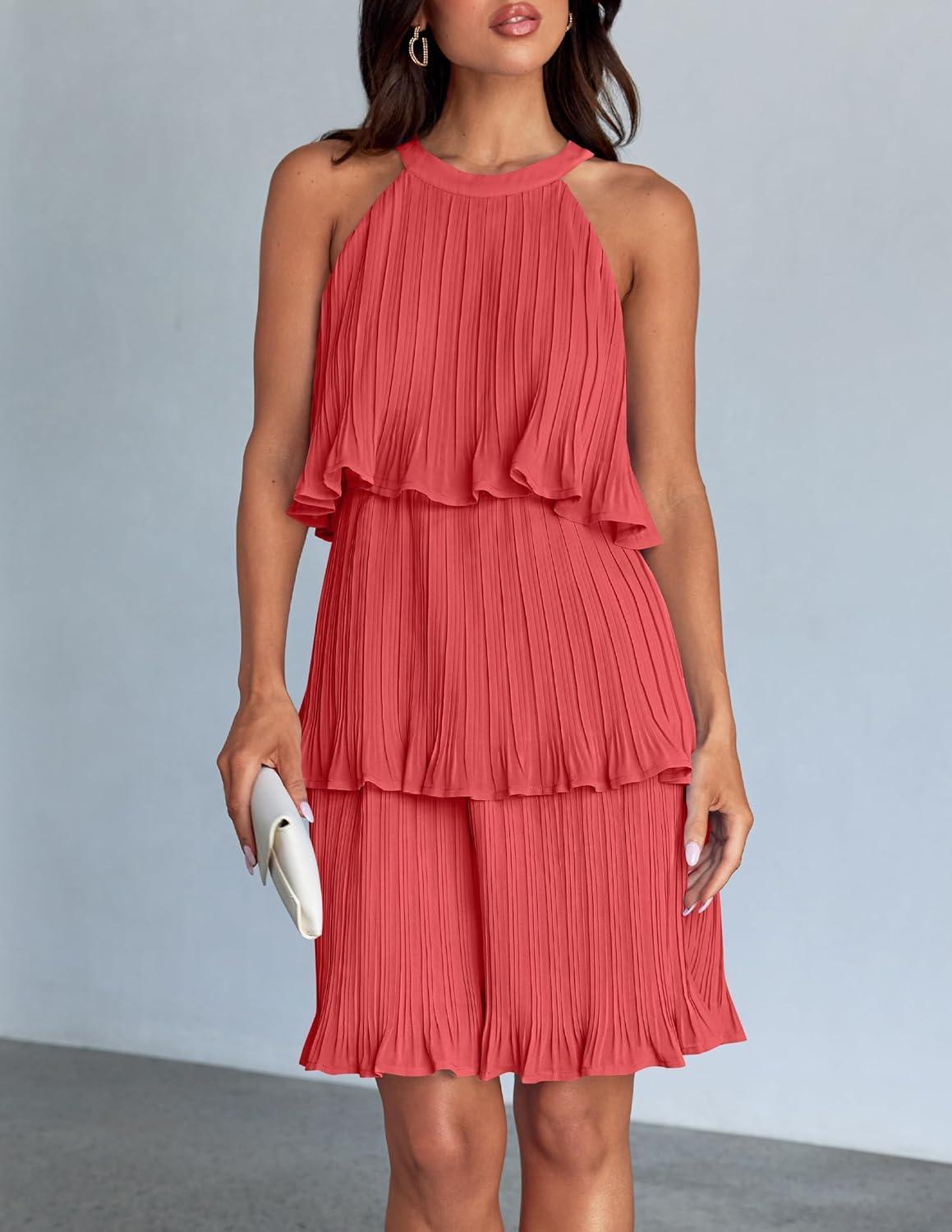 imageZESICA Womens 2026 Summer Halter Dresses Sleeveless Ruffle Tiered Layered Chiffon Pleated A Line Swing Mini DressCoral
