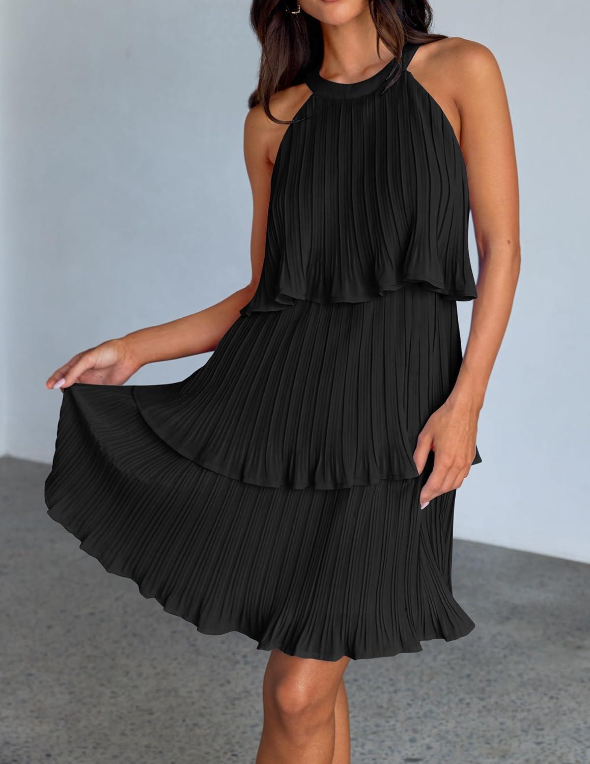 imageZESICA Womens 2026 Summer Halter Dresses Sleeveless Ruffle Tiered Layered Chiffon Pleated A Line Swing Mini DressDark Black