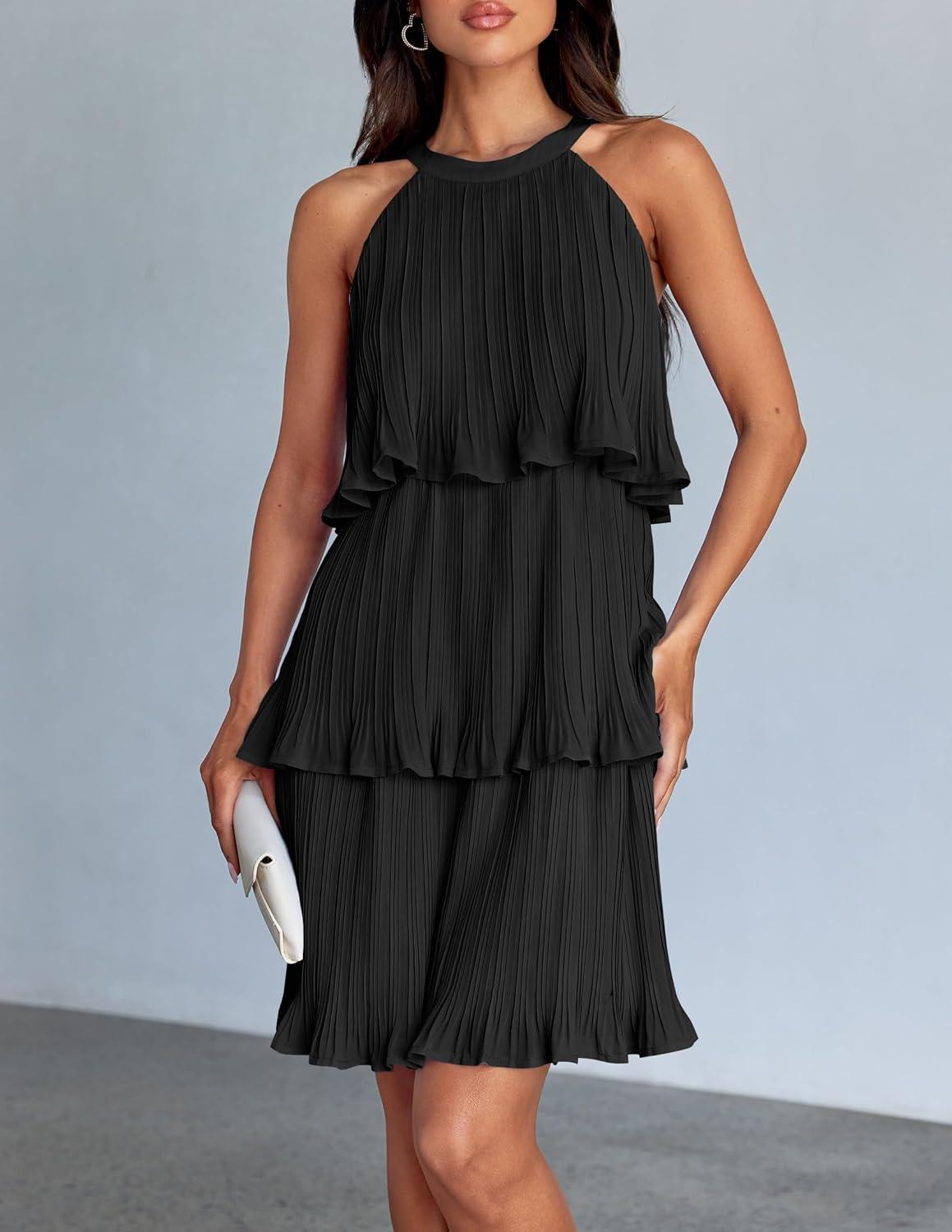imageZESICA Womens 2026 Summer Halter Dresses Sleeveless Ruffle Tiered Layered Chiffon Pleated A Line Swing Mini DressDark Black