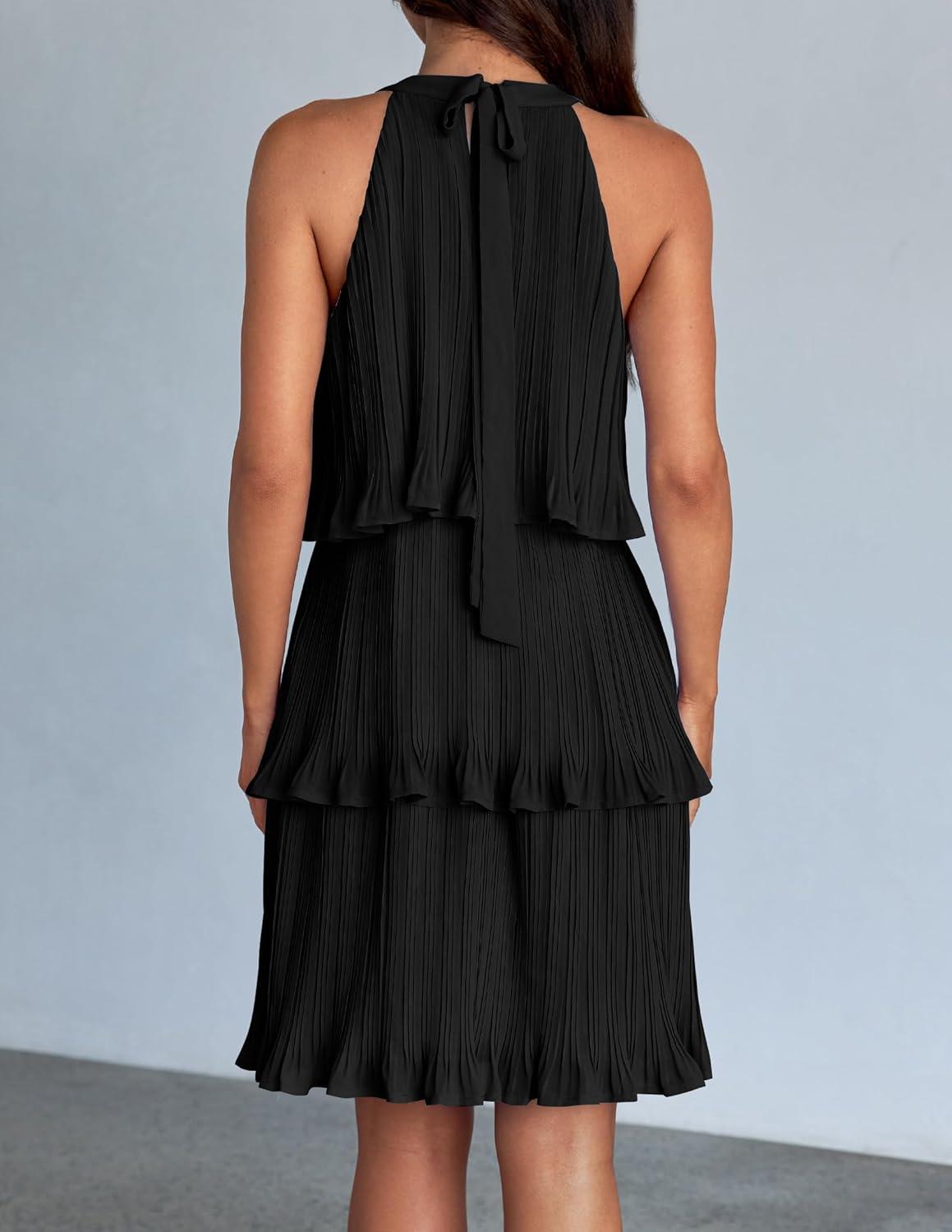 imageZESICA Womens 2026 Summer Halter Dresses Sleeveless Ruffle Tiered Layered Chiffon Pleated A Line Swing Mini DressDark Black