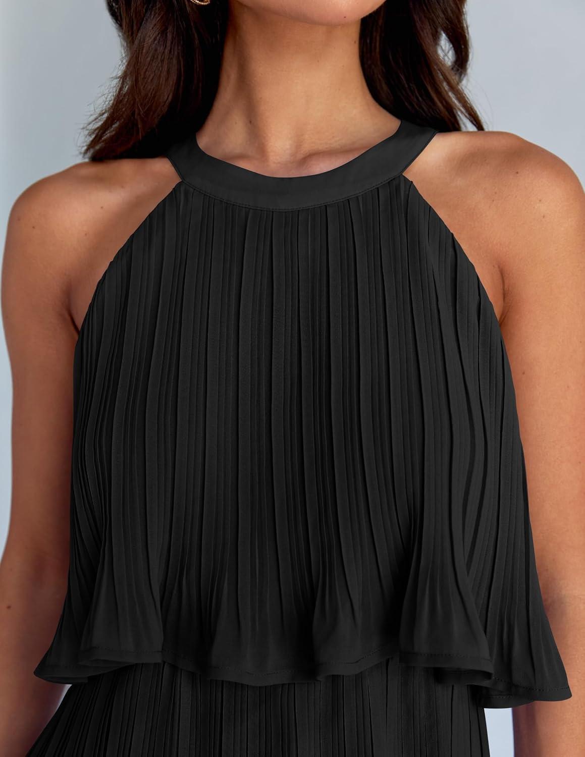 imageZESICA Womens 2026 Summer Halter Dresses Sleeveless Ruffle Tiered Layered Chiffon Pleated A Line Swing Mini DressDark Black