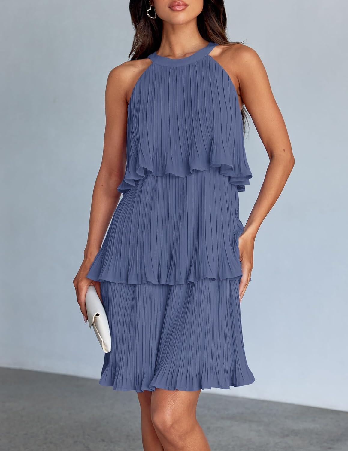 imageZESICA Womens 2026 Summer Halter Dresses Sleeveless Ruffle Tiered Layered Chiffon Pleated A Line Swing Mini DressDusty Blue