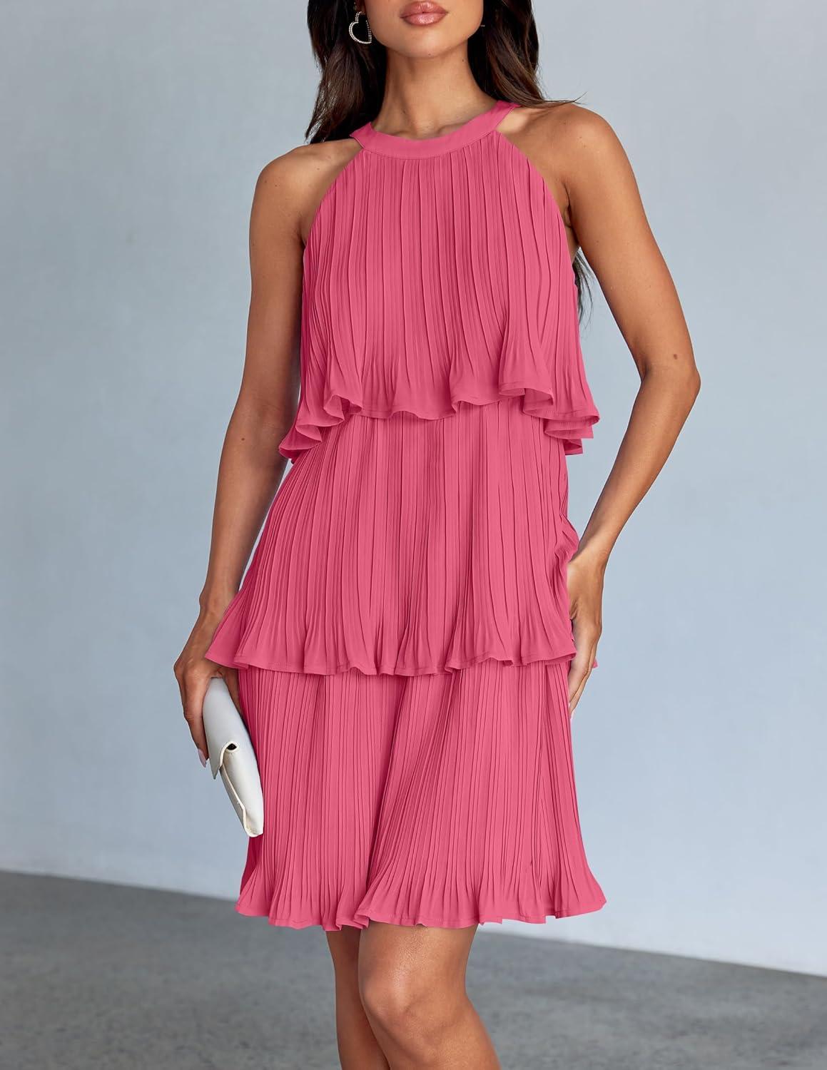 imageZESICA Womens 2026 Summer Halter Dresses Sleeveless Ruffle Tiered Layered Chiffon Pleated A Line Swing Mini DressHot Pink
