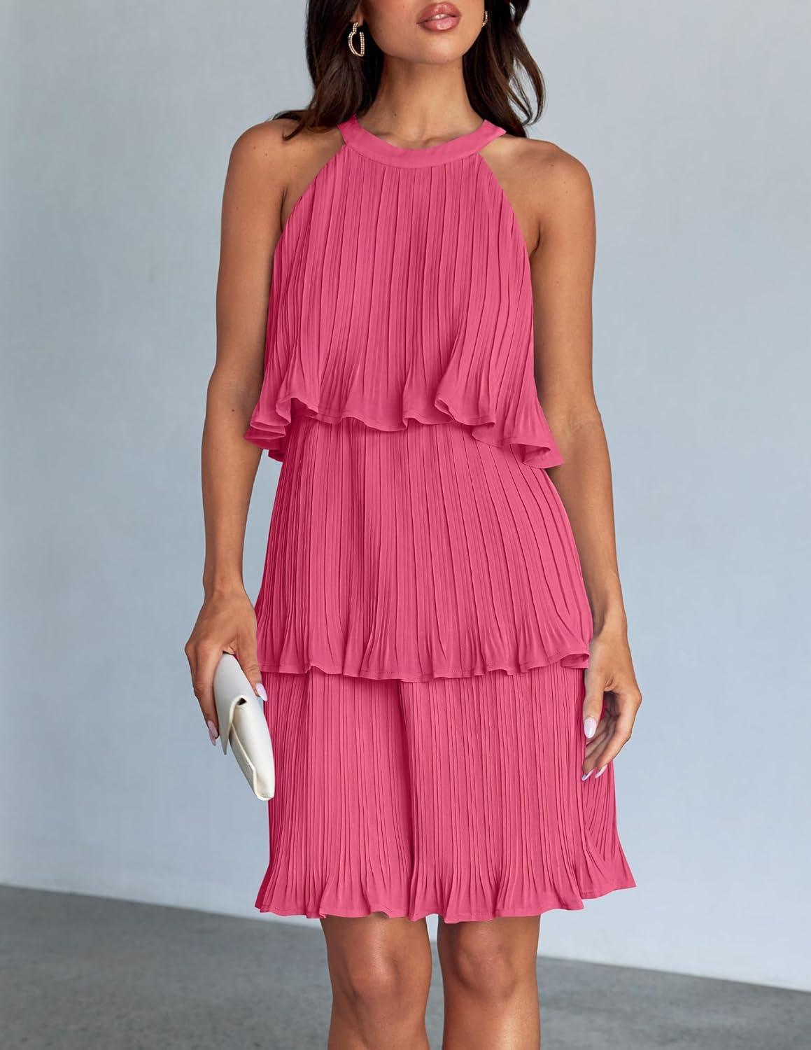 imageZESICA Womens 2026 Summer Halter Dresses Sleeveless Ruffle Tiered Layered Chiffon Pleated A Line Swing Mini DressHot Pink