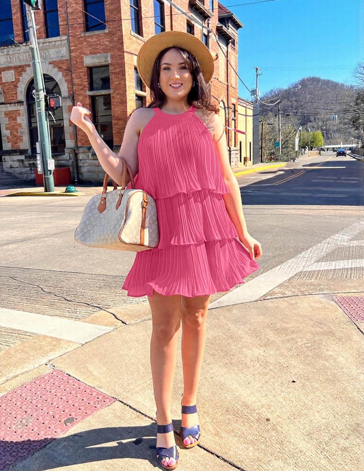 imageZESICA Womens 2026 Summer Halter Dresses Sleeveless Ruffle Tiered Layered Chiffon Pleated A Line Swing Mini DressHot Pink