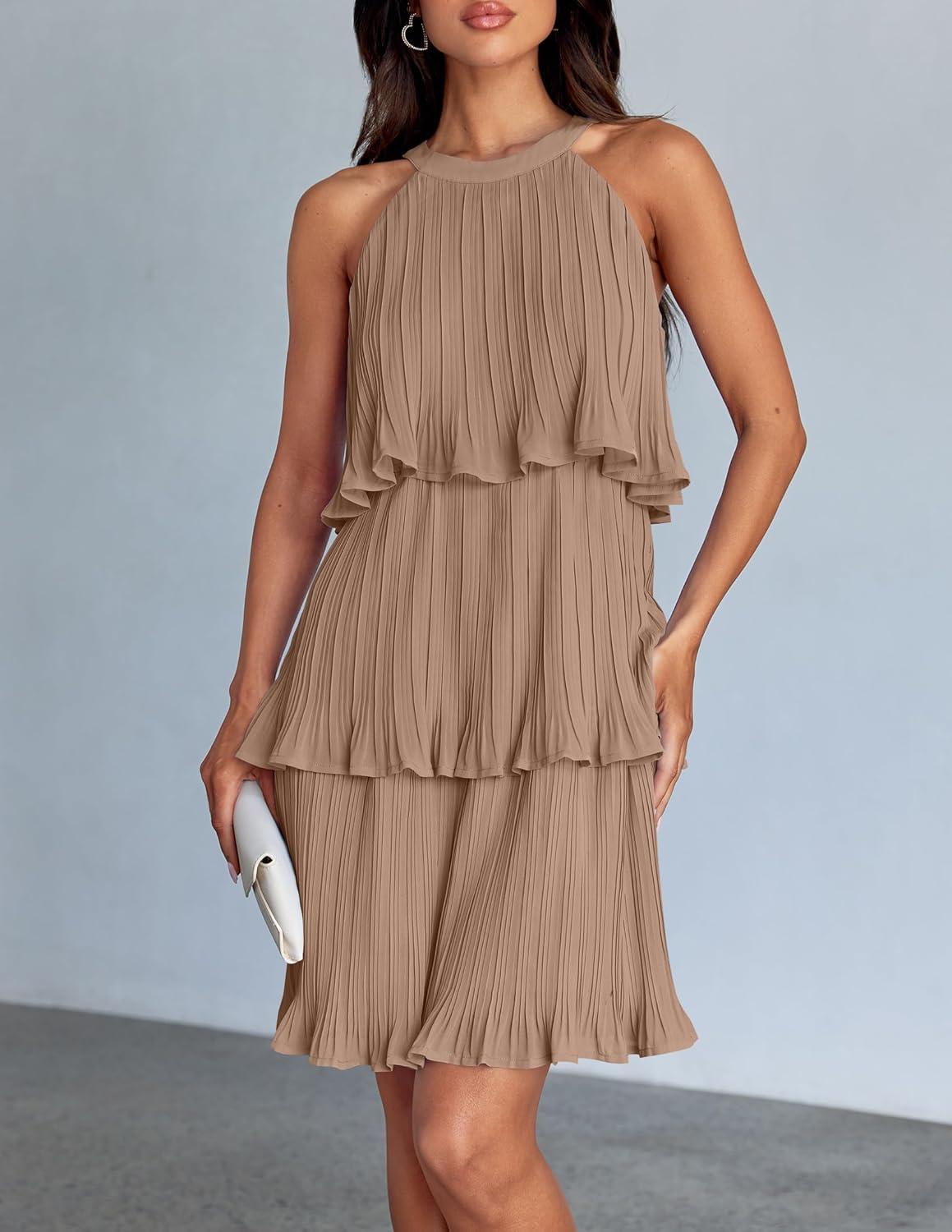 imageZESICA Womens 2026 Summer Halter Dresses Sleeveless Ruffle Tiered Layered Chiffon Pleated A Line Swing Mini DressKhaki