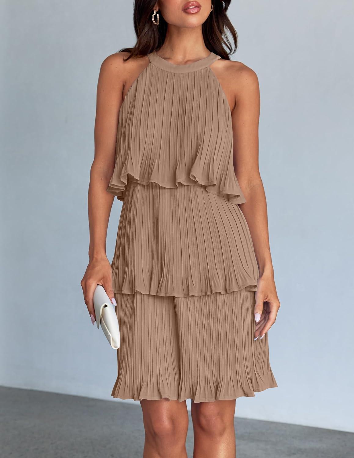 imageZESICA Womens 2026 Summer Halter Dresses Sleeveless Ruffle Tiered Layered Chiffon Pleated A Line Swing Mini DressKhaki