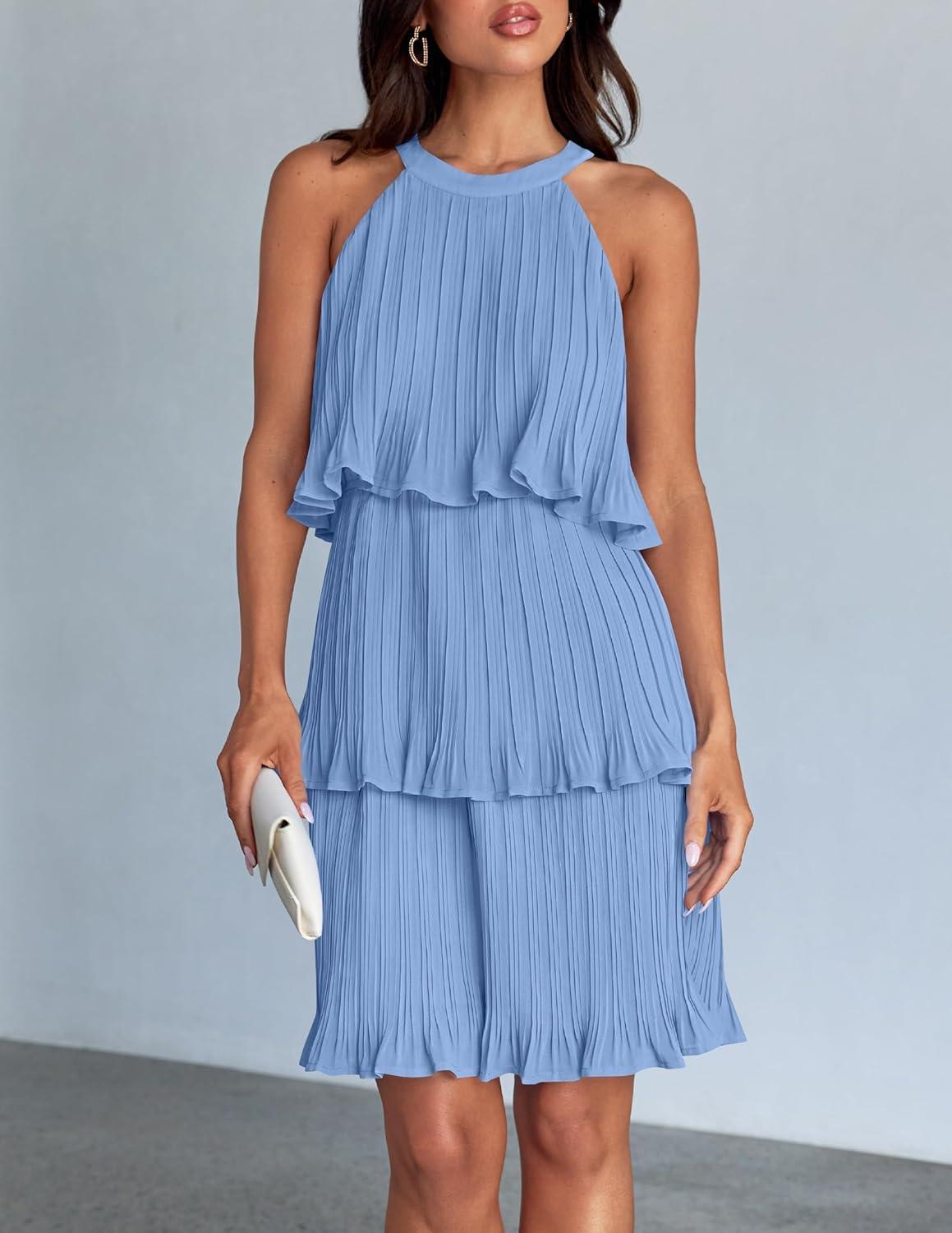 imageZESICA Womens 2026 Summer Halter Dresses Sleeveless Ruffle Tiered Layered Chiffon Pleated A Line Swing Mini DressLight Blue