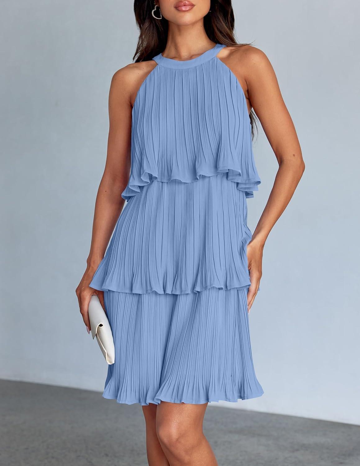 imageZESICA Womens 2026 Summer Halter Dresses Sleeveless Ruffle Tiered Layered Chiffon Pleated A Line Swing Mini DressLight Blue