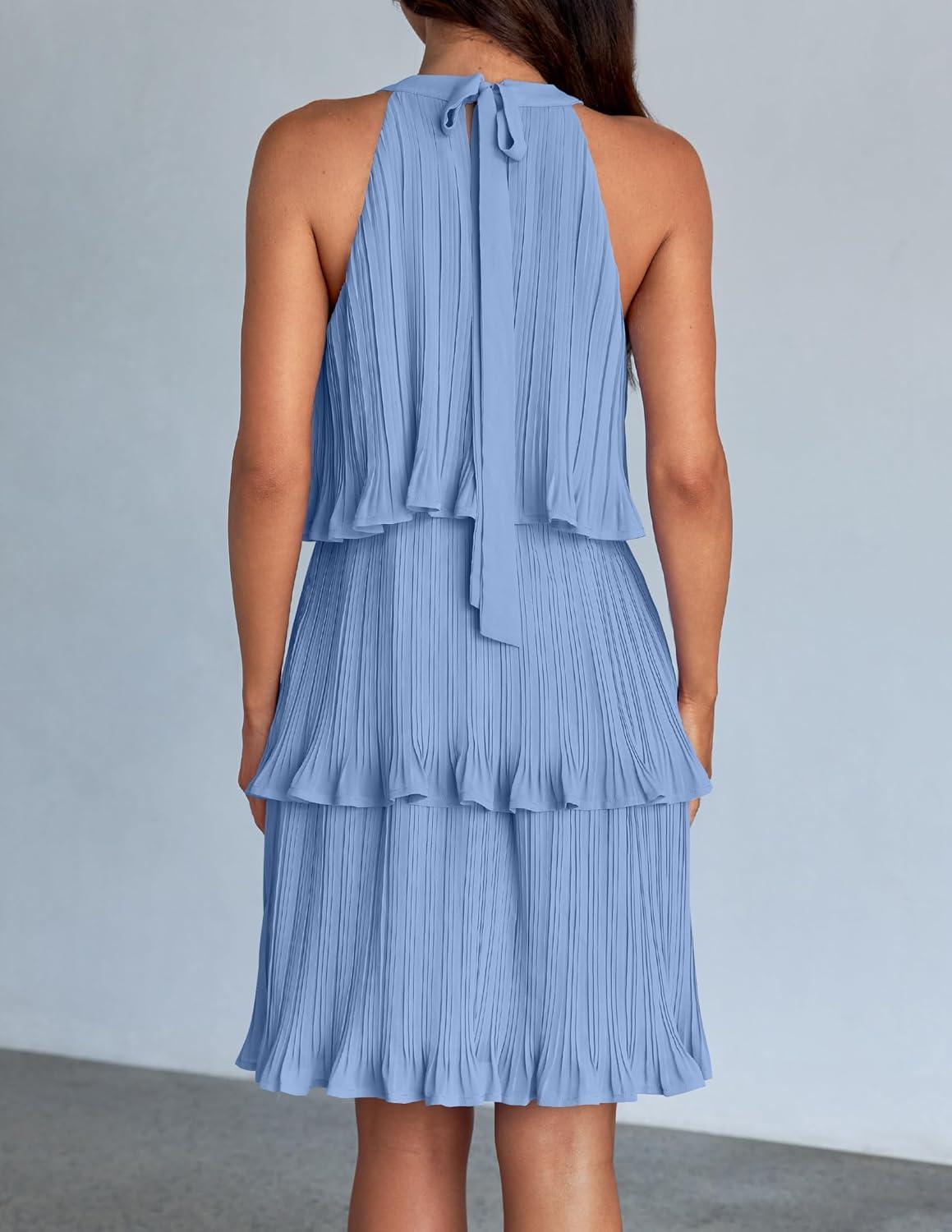 imageZESICA Womens 2026 Summer Halter Dresses Sleeveless Ruffle Tiered Layered Chiffon Pleated A Line Swing Mini DressLight Blue