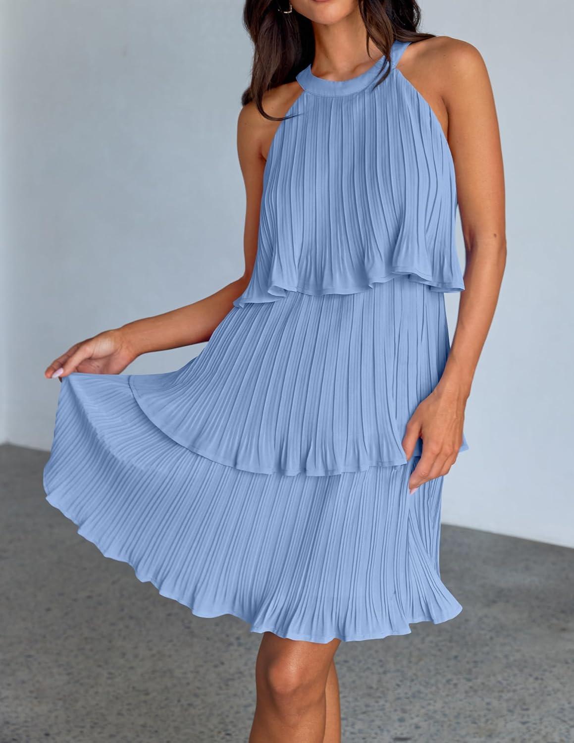 imageZESICA Womens 2026 Summer Halter Dresses Sleeveless Ruffle Tiered Layered Chiffon Pleated A Line Swing Mini DressLight Blue