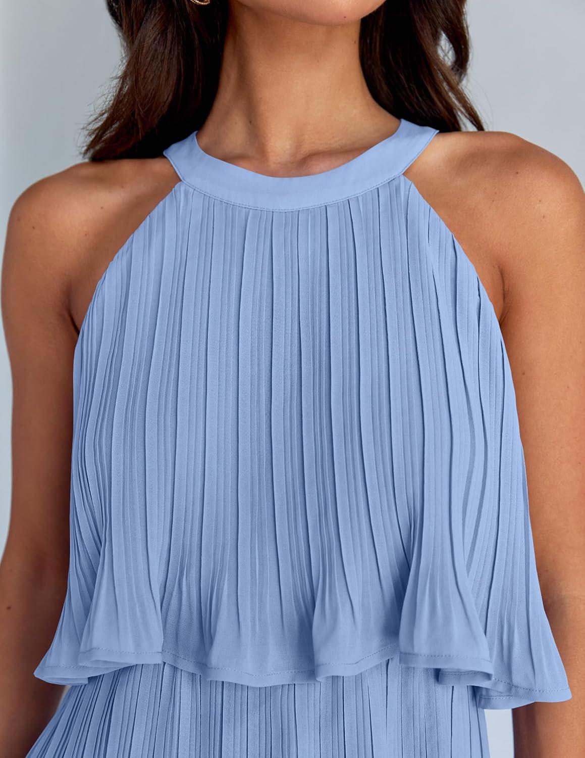 imageZESICA Womens 2026 Summer Halter Dresses Sleeveless Ruffle Tiered Layered Chiffon Pleated A Line Swing Mini DressLight Blue
