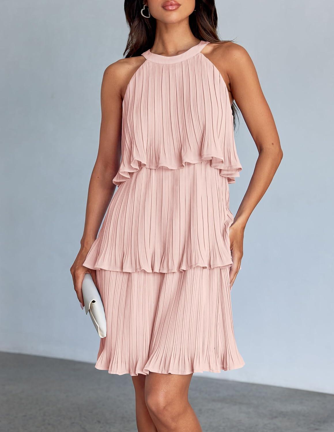 imageZESICA Womens 2026 Summer Halter Dresses Sleeveless Ruffle Tiered Layered Chiffon Pleated A Line Swing Mini DressPink