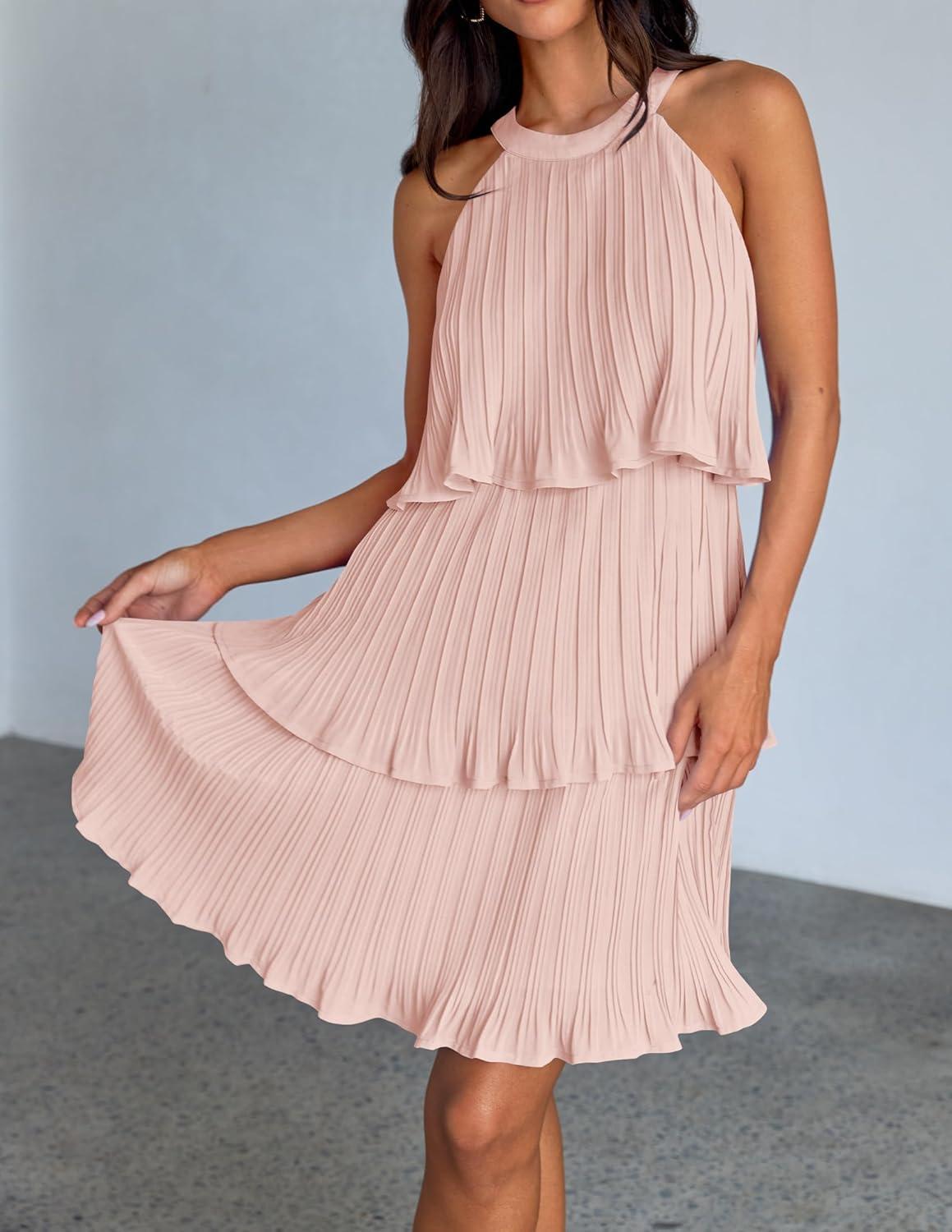 imageZESICA Womens 2026 Summer Halter Dresses Sleeveless Ruffle Tiered Layered Chiffon Pleated A Line Swing Mini DressPink