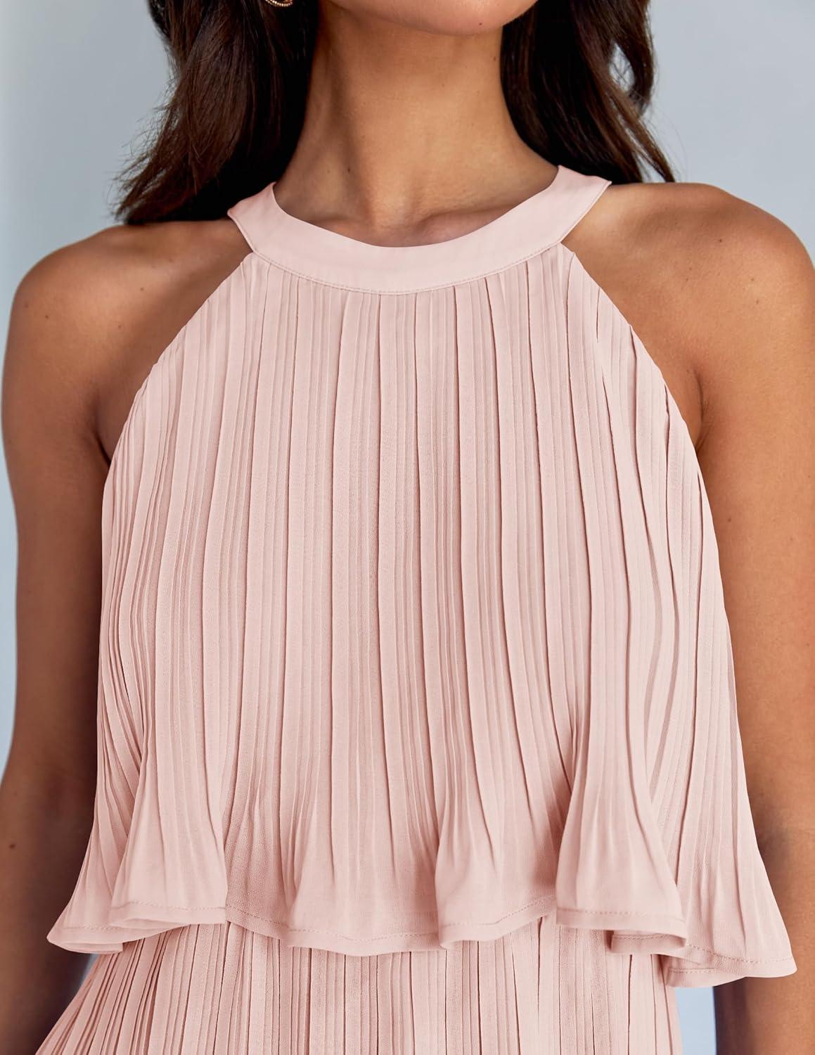 imageZESICA Womens 2026 Summer Halter Dresses Sleeveless Ruffle Tiered Layered Chiffon Pleated A Line Swing Mini DressPink