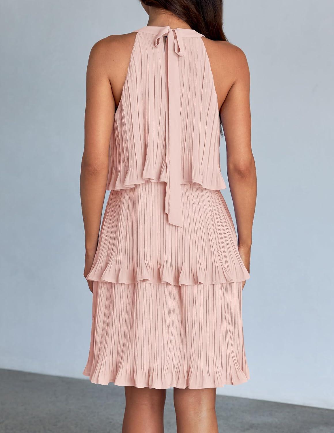 imageZESICA Womens 2026 Summer Halter Dresses Sleeveless Ruffle Tiered Layered Chiffon Pleated A Line Swing Mini DressPink