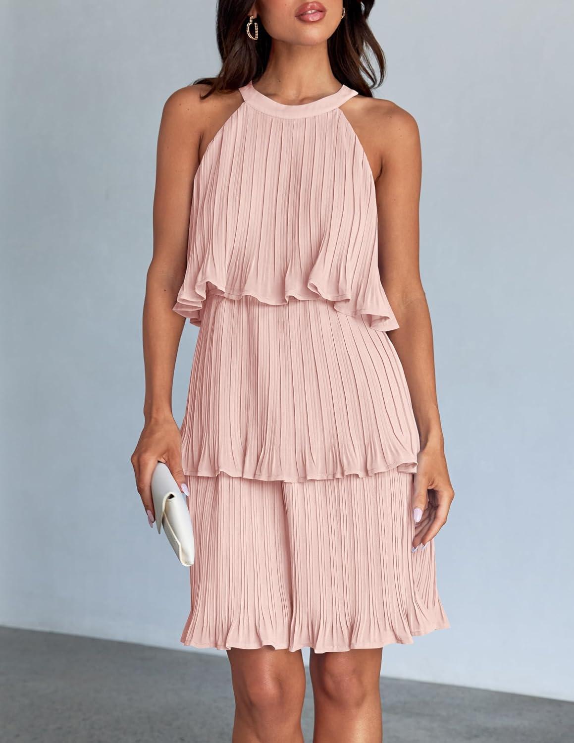 imageZESICA Womens 2026 Summer Halter Dresses Sleeveless Ruffle Tiered Layered Chiffon Pleated A Line Swing Mini DressPink