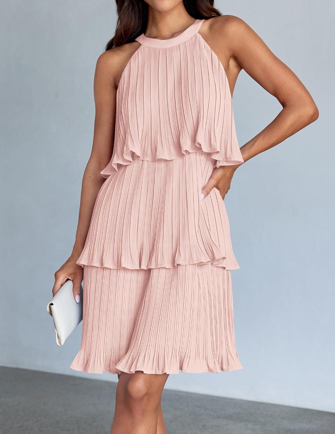 imageZESICA Womens 2026 Summer Halter Dresses Sleeveless Ruffle Tiered Layered Chiffon Pleated A Line Swing Mini DressPink
