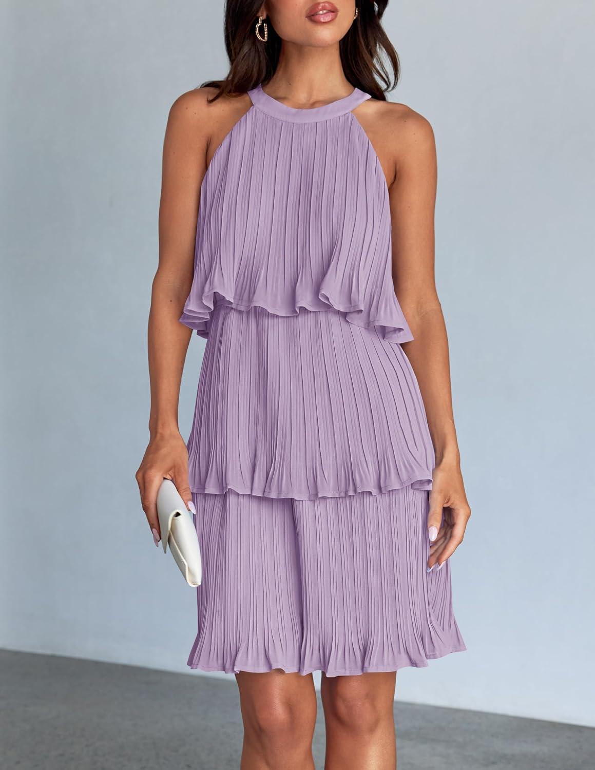 imageZESICA Womens 2026 Summer Halter Dresses Sleeveless Ruffle Tiered Layered Chiffon Pleated A Line Swing Mini DressPurple