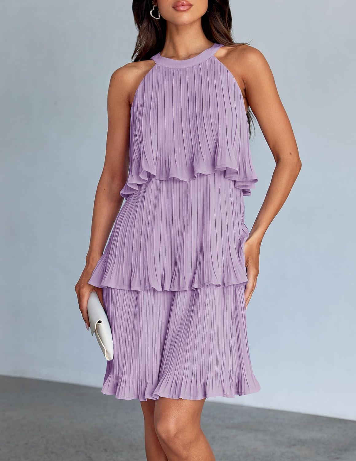 imageZESICA Womens 2026 Summer Halter Dresses Sleeveless Ruffle Tiered Layered Chiffon Pleated A Line Swing Mini DressPurple
