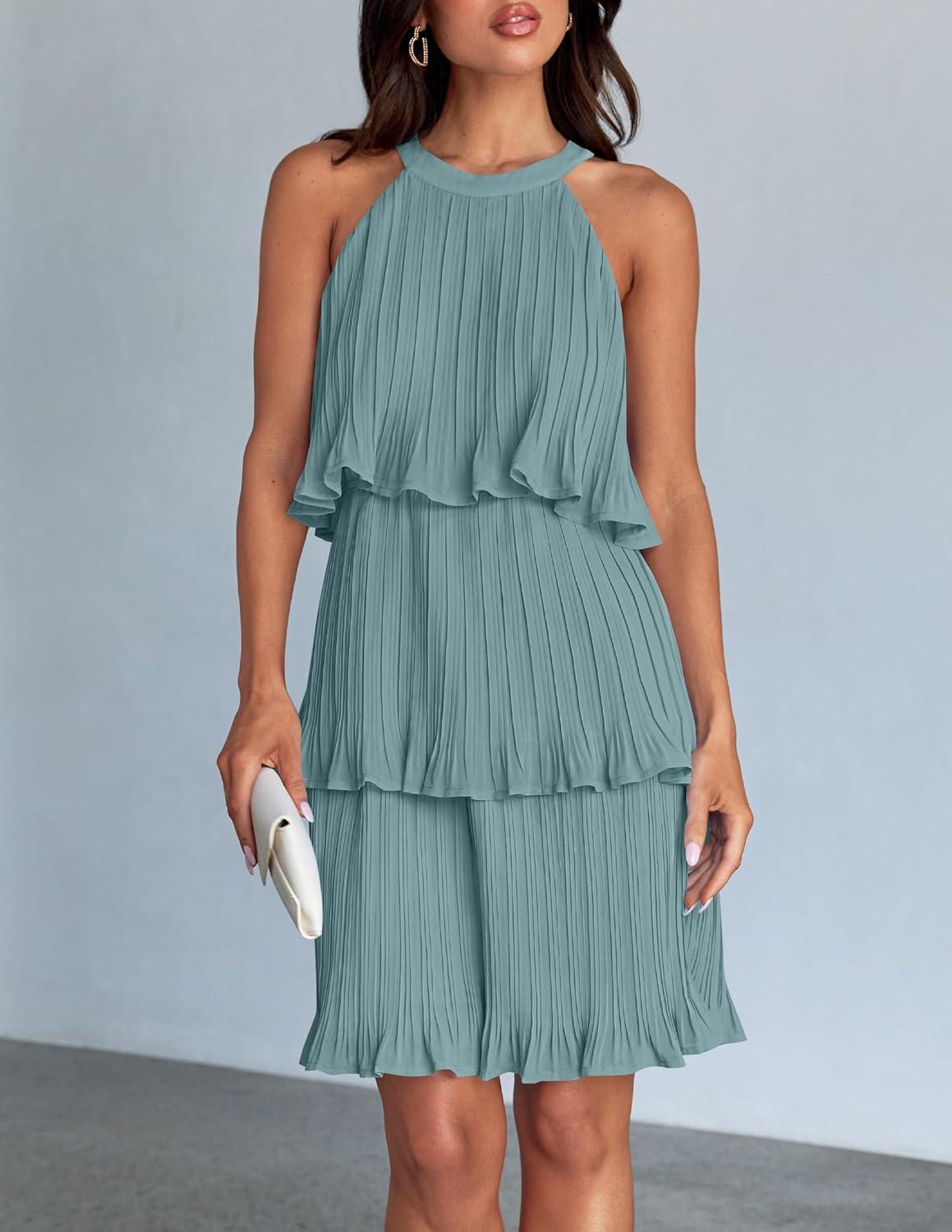 imageZESICA Womens 2026 Summer Halter Dresses Sleeveless Ruffle Tiered Layered Chiffon Pleated A Line Swing Mini DressSage
