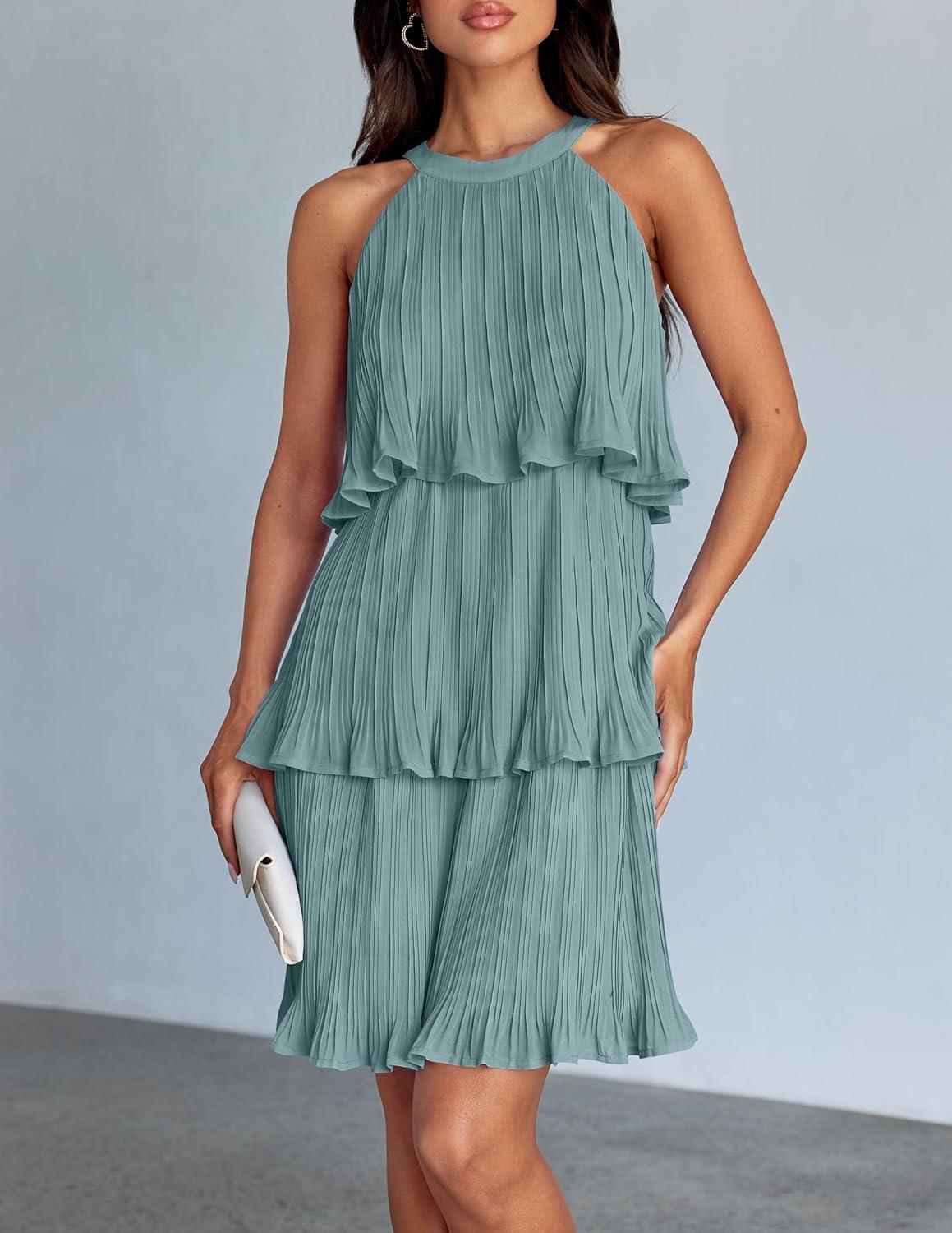 imageZESICA Womens 2026 Summer Halter Dresses Sleeveless Ruffle Tiered Layered Chiffon Pleated A Line Swing Mini DressSage