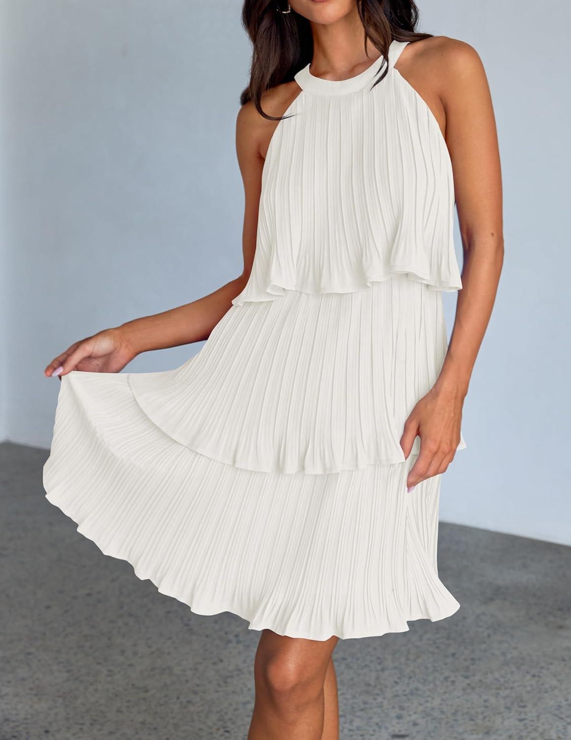 imageZESICA Womens 2026 Summer Halter Dresses Sleeveless Ruffle Tiered Layered Chiffon Pleated A Line Swing Mini DressWhite