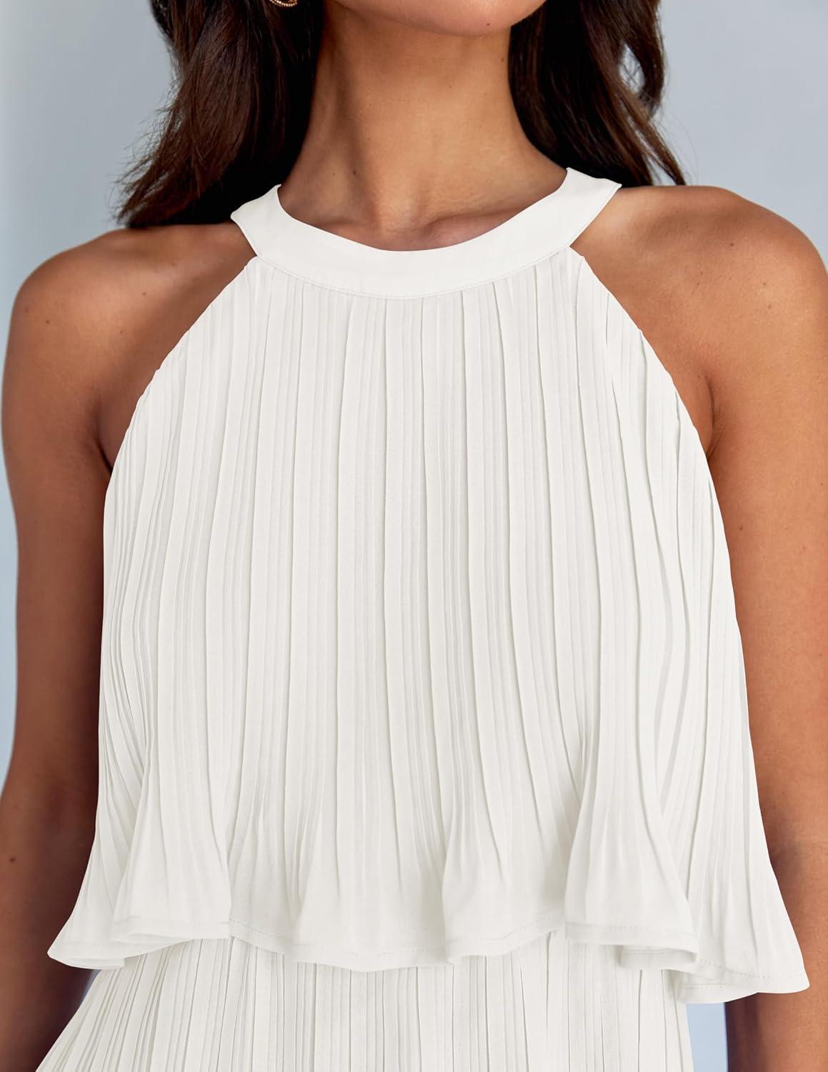 imageZESICA Womens 2026 Summer Halter Dresses Sleeveless Ruffle Tiered Layered Chiffon Pleated A Line Swing Mini DressWhite