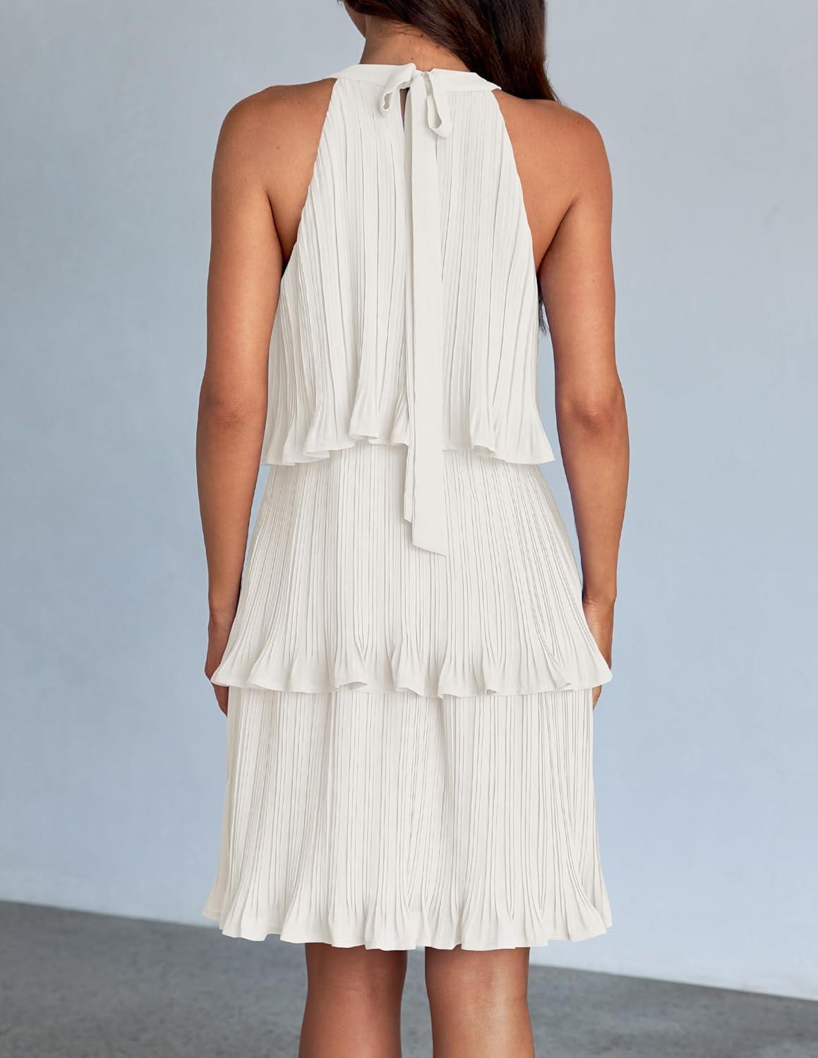 imageZESICA Womens 2026 Summer Halter Dresses Sleeveless Ruffle Tiered Layered Chiffon Pleated A Line Swing Mini DressWhite