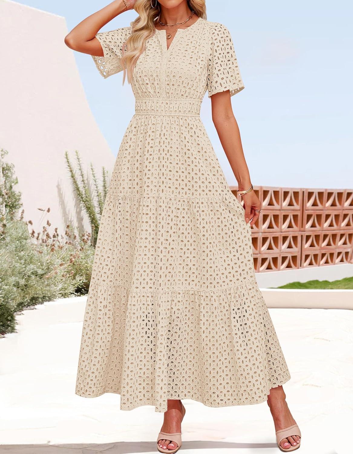 imageZESICA Womens 2026 Summer Short Sleeve Maxi Dress Casual V Neck Hollow Out Eyelet Ruffle Swing A Line Long DressesApricot