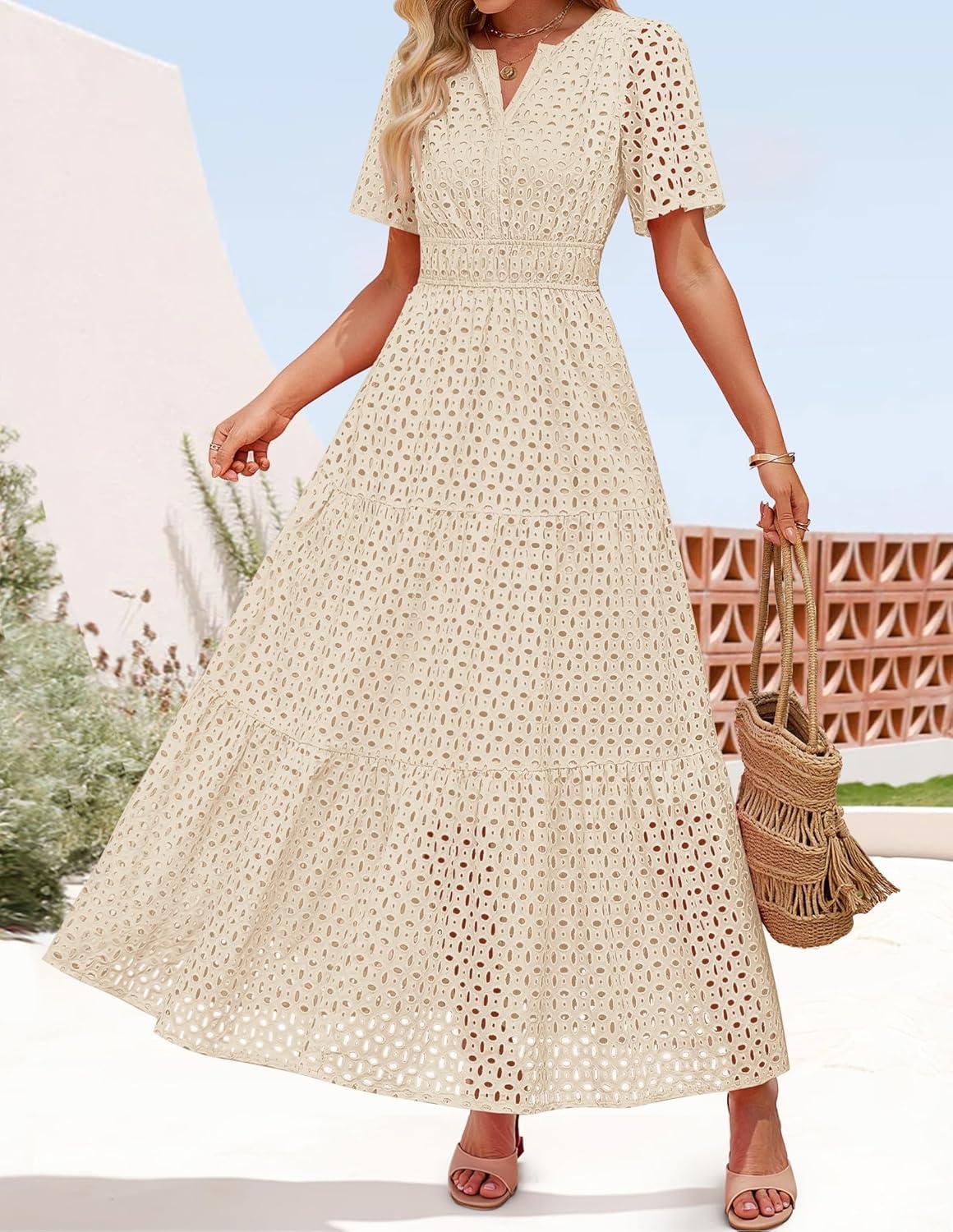 imageZESICA Womens 2026 Summer Short Sleeve Maxi Dress Casual V Neck Hollow Out Eyelet Ruffle Swing A Line Long DressesApricot