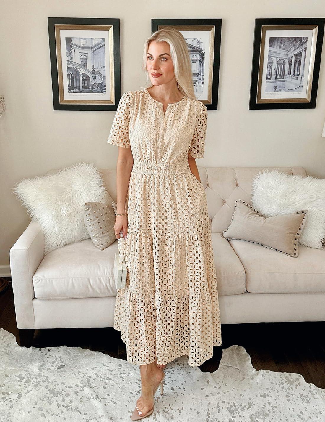 imageZESICA Womens 2026 Summer Short Sleeve Maxi Dress Casual V Neck Hollow Out Eyelet Ruffle Swing A Line Long DressesApricot