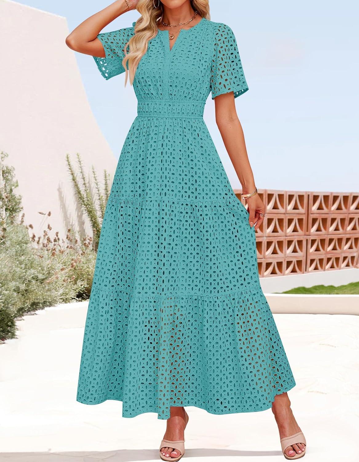 imageZESICA Womens 2026 Summer Short Sleeve Maxi Dress Casual V Neck Hollow Out Eyelet Ruffle Swing A Line Long DressesAqua