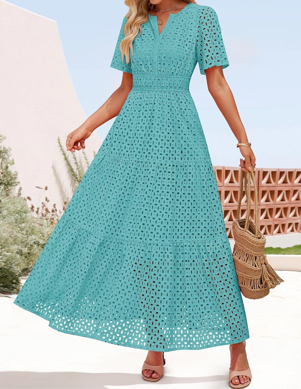 imageZESICA Womens 2026 Summer Short Sleeve Maxi Dress Casual V Neck Hollow Out Eyelet Ruffle Swing A Line Long DressesAqua