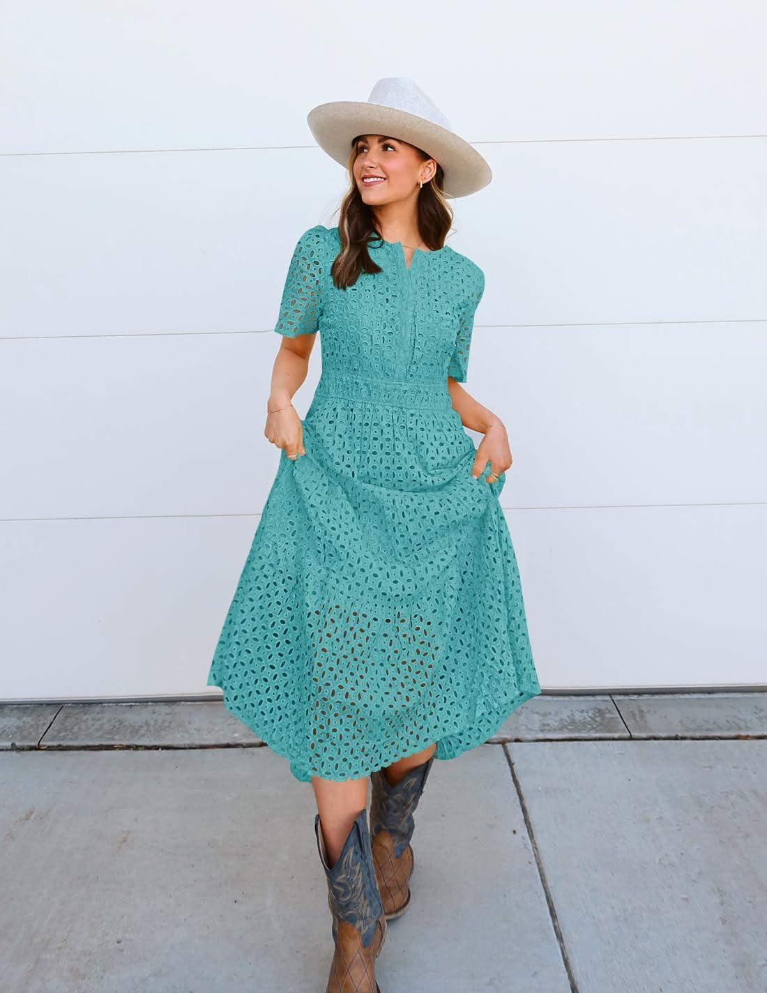imageZESICA Womens 2026 Summer Short Sleeve Maxi Dress Casual V Neck Hollow Out Eyelet Ruffle Swing A Line Long DressesAqua