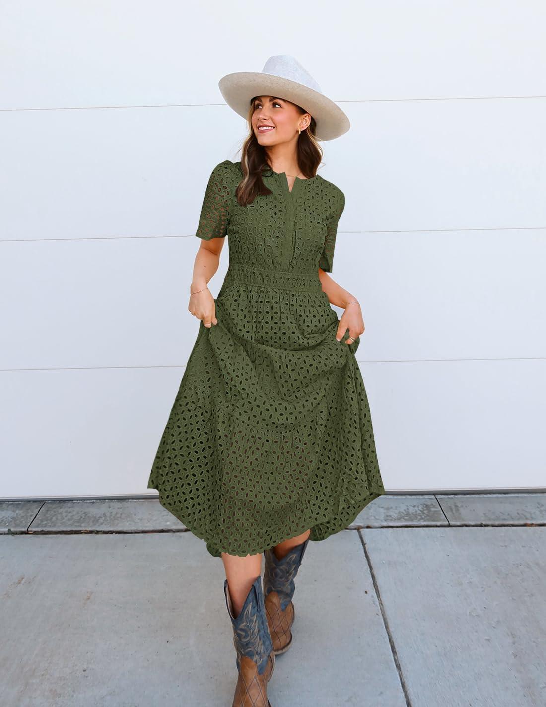 imageZESICA Womens 2026 Summer Short Sleeve Maxi Dress Casual V Neck Hollow Out Eyelet Ruffle Swing A Line Long DressesArmy Green